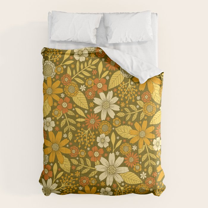 1970s Retro Flowers Pattern in Yellow, Orange & Olive Green Comforter