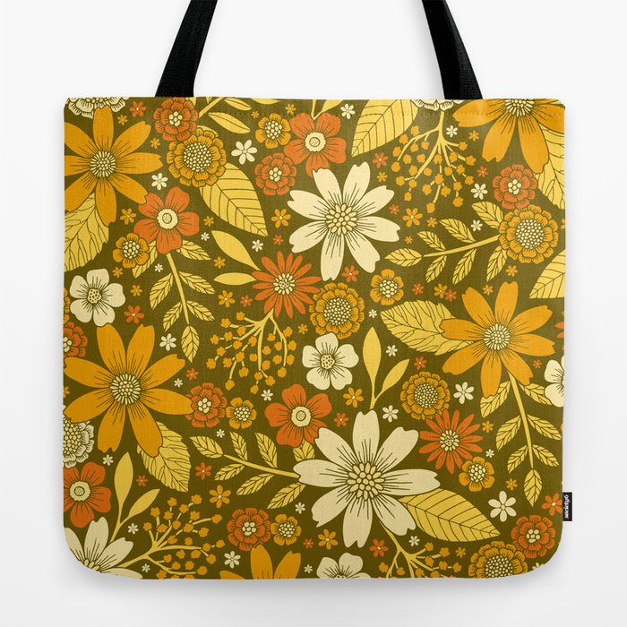 1970s Retro Flowers Pattern in Yellow, Orange & Olive Green Tote Bag