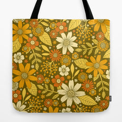 1970s Retro Flowers Pattern in Yellow, Orange & Olive Green Tote Bag
