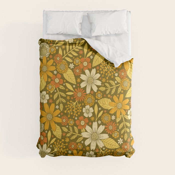 1970s Retro Flowers Pattern in Yellow, Orange & Olive Green Comforter