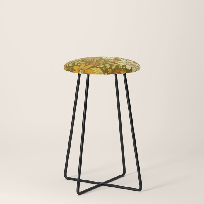 1970s Retro Flowers Pattern in Yellow, Orange & Olive Green Stool