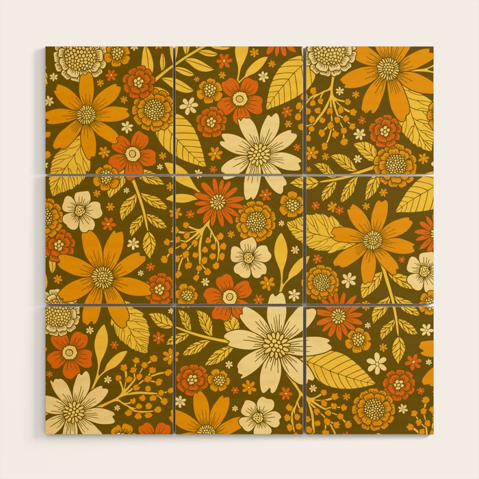 1970s Retro Flowers Pattern in Yellow, Orange & Olive Green Wood Wall Art