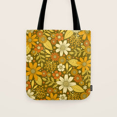 1970s Retro Flowers Pattern in Yellow, Orange & Olive Green Tote Bag