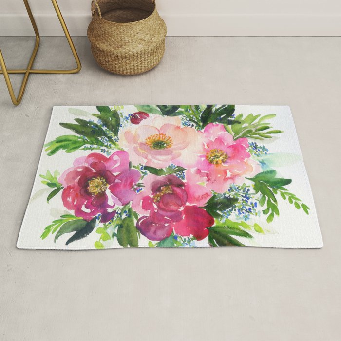 5 pink peonies in watercolor Rug