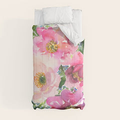 5 pink peonies in watercolor Comforter