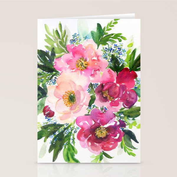 5 pink peonies in watercolor Stationery Card