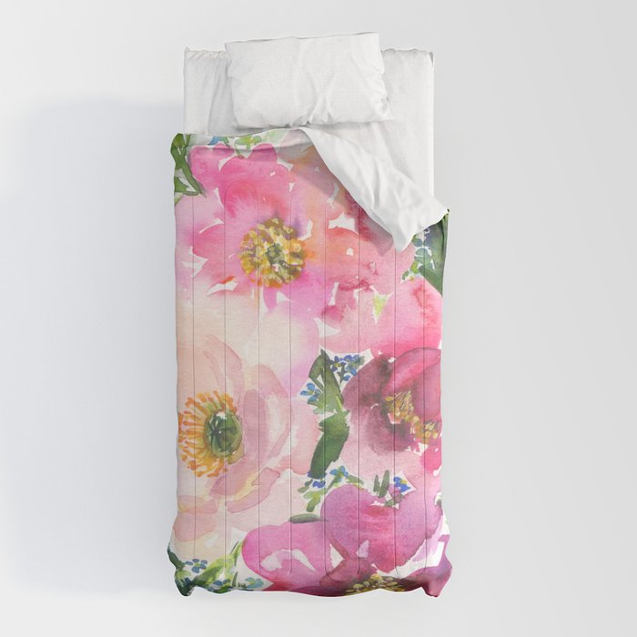 5 pink peonies in watercolor Comforter
