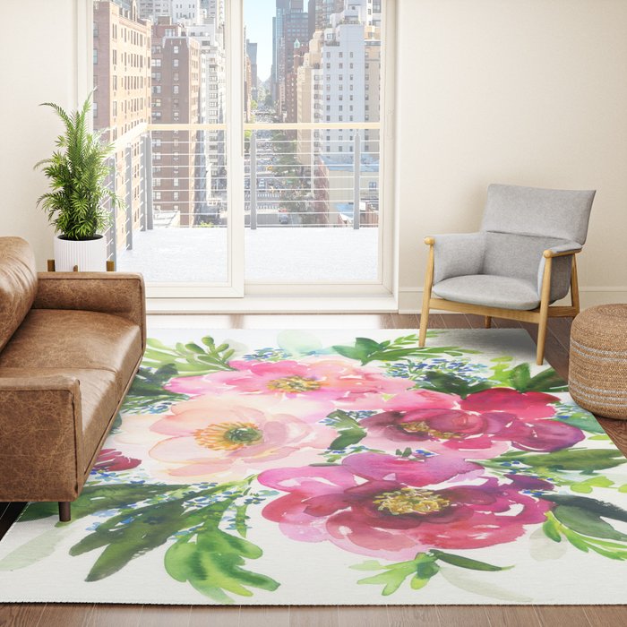 5 pink peonies in watercolor Rug