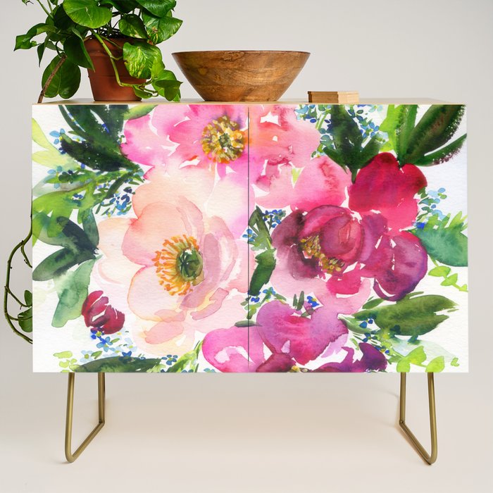5 pink peonies in watercolor Credenza