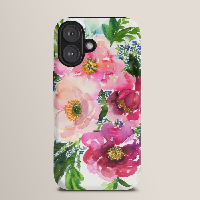 5 pink peonies in watercolor iPhone Case
