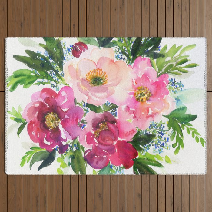 5 pink peonies in watercolor Outdoor Rug