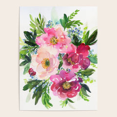 5 pink peonies in watercolor Poster