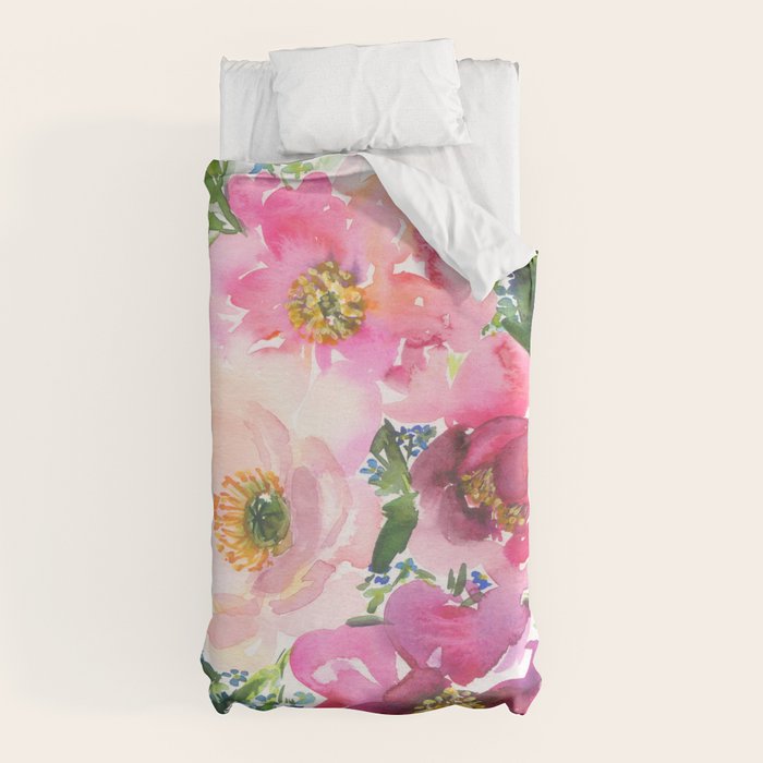 5 pink peonies in watercolor Duvet Cover