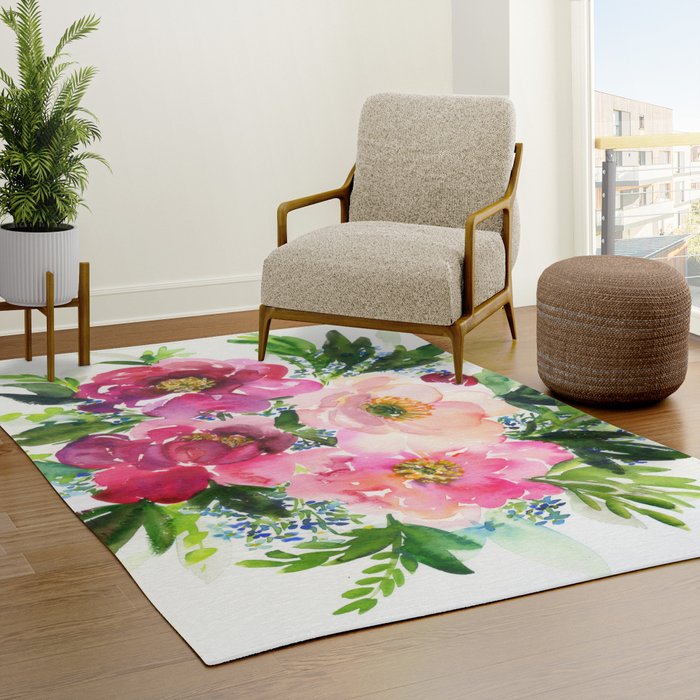 5 pink peonies in watercolor Rug