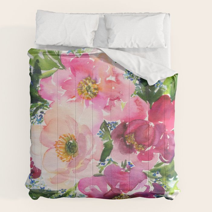 5 pink peonies in watercolor Comforter