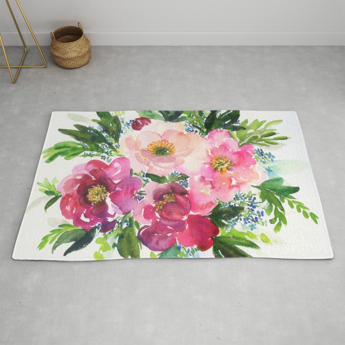 5 pink peonies in watercolor Rug
