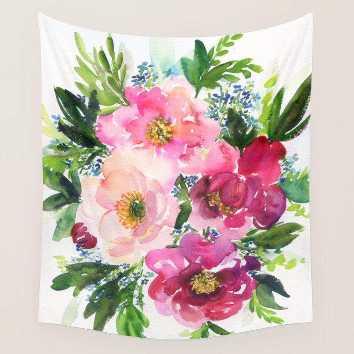 5 pink peonies in watercolor Wall Tapestry