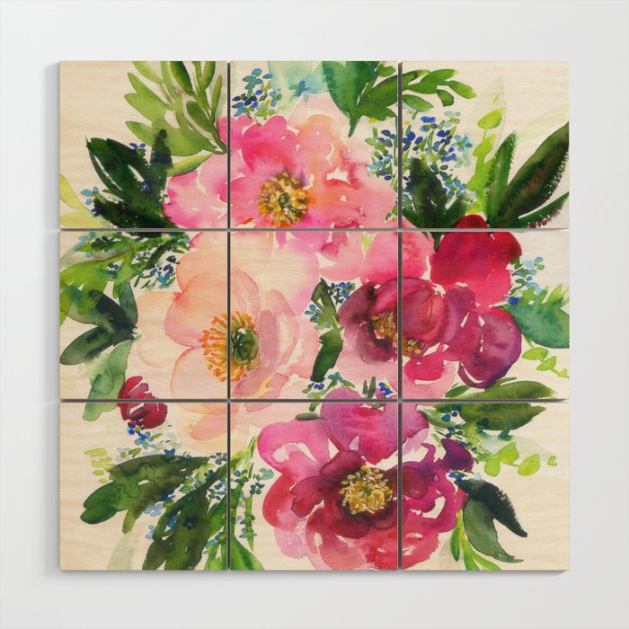 5 pink peonies in watercolor Wood Wall Art