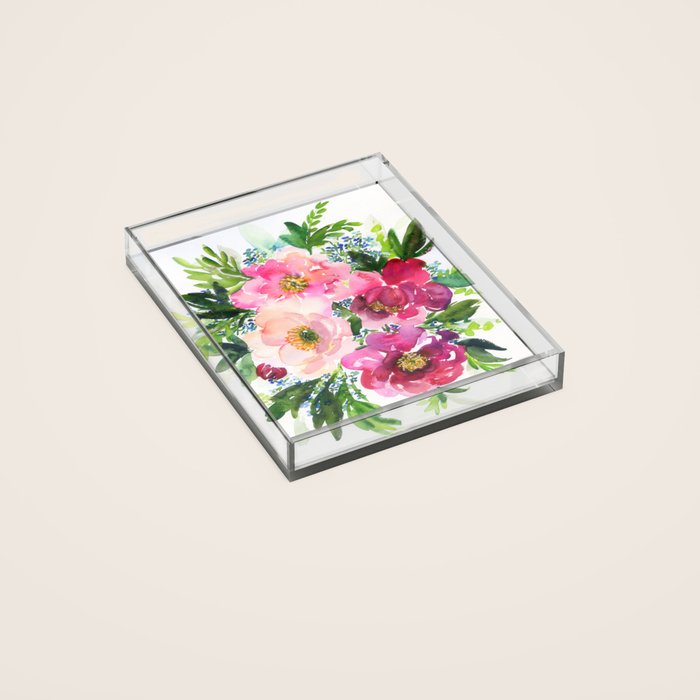 5 pink peonies in watercolor Acrylic Tray