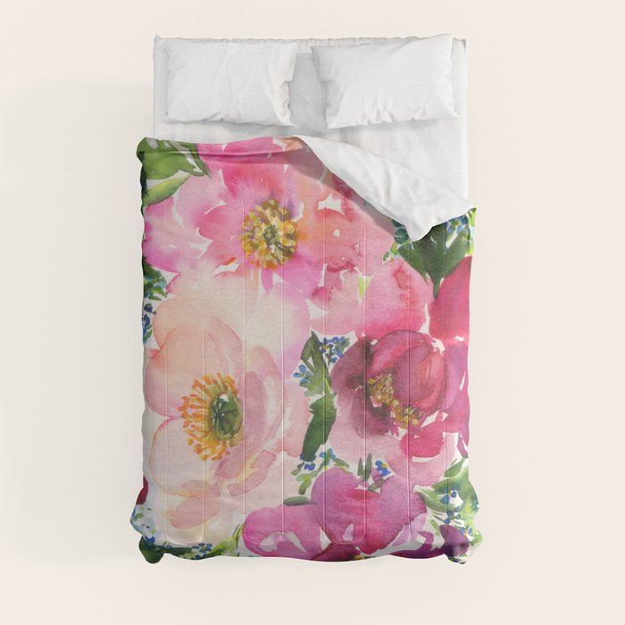 5 pink peonies in watercolor Comforter