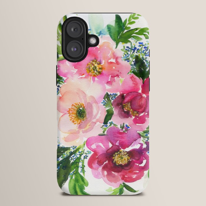 5 pink peonies in watercolor iPhone Case