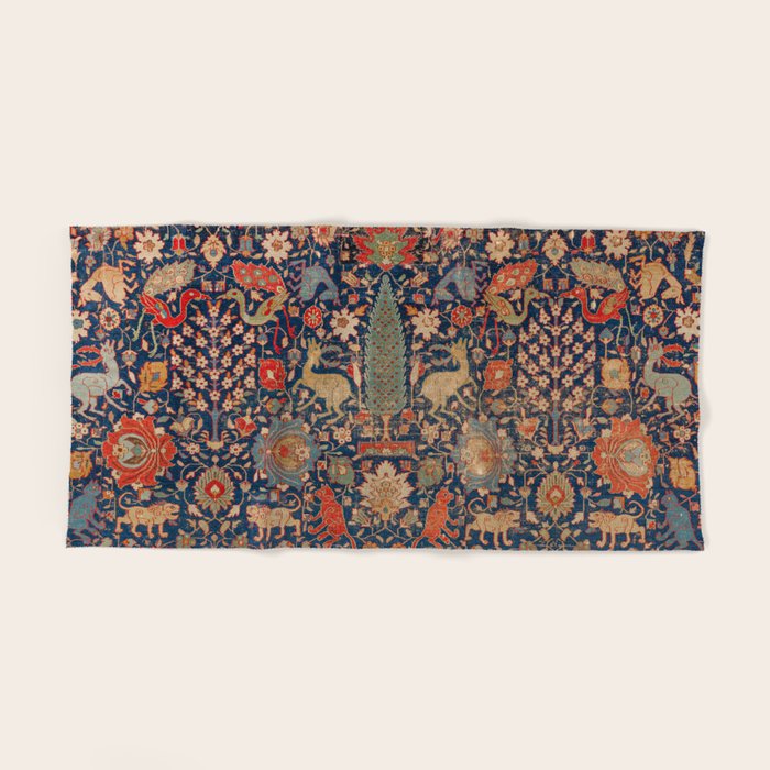 17th Century Persian Rug Print with Animals Bath Towel