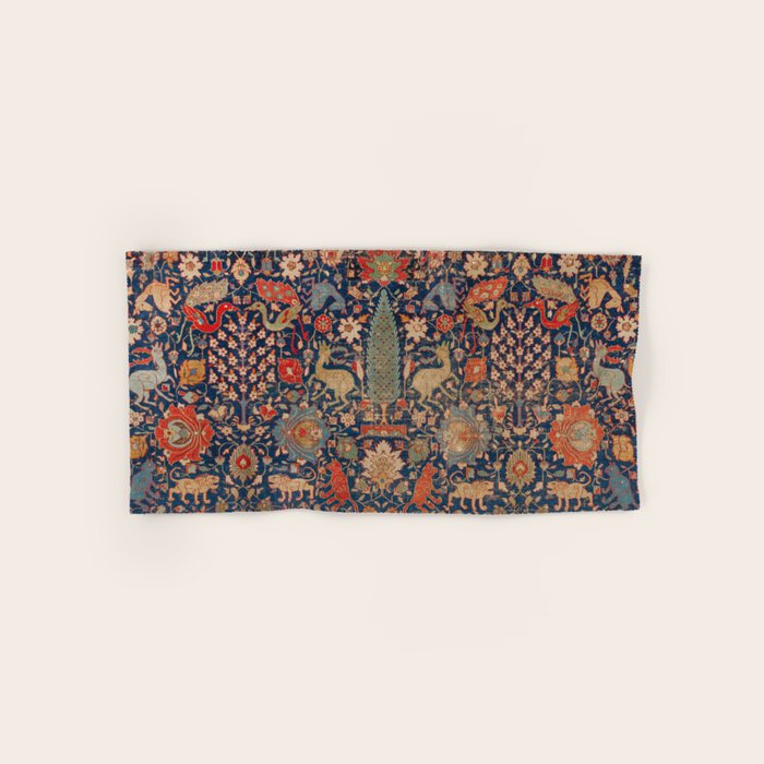 17th Century Persian Rug Print with Animals Bath Towel