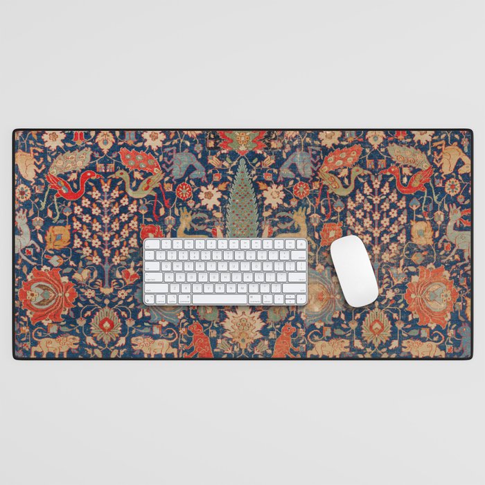 17th Century Persian Rug Print with Animals Desk Mat