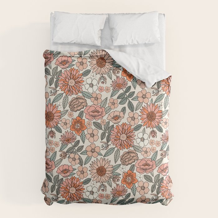 70s flowers - 70s, retro, spring, floral, florals, floral pattern, retro flowers, boho, hippie, earthy, muted Duvet Cover