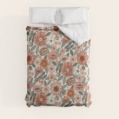 70s flowers - 70s, retro, spring, floral, florals, floral pattern, retro flowers, boho, hippie, earthy, muted Duvet Cover