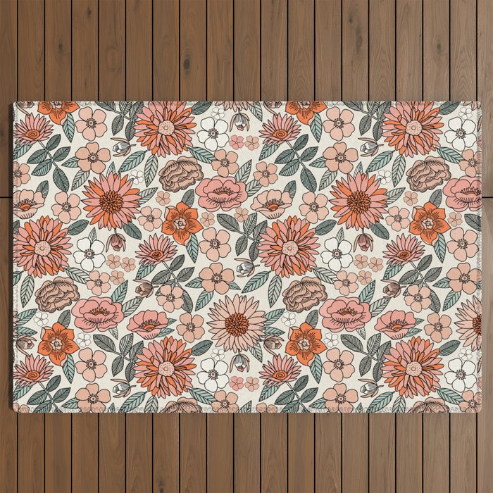 70s flowers - 70s, retro, spring, floral, florals, floral pattern, retro flowers, boho, hippie, earthy, muted Outdoor Rug