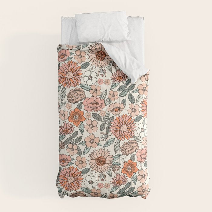 70s flowers - 70s, retro, spring, floral, florals, floral pattern, retro flowers, boho, hippie, earthy, muted Comforter
