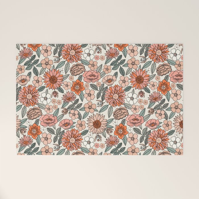 70s flowers - 70s, retro, spring, floral, florals, floral pattern, retro flowers, boho, hippie, earthy, muted Welcome Mat