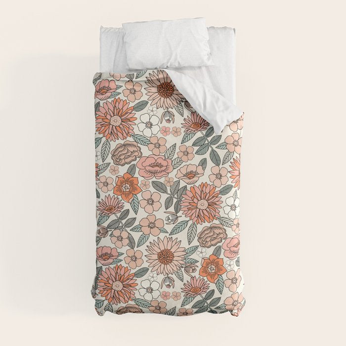 70s flowers - 70s, retro, spring, floral, florals, floral pattern, retro flowers, boho, hippie, earthy, muted Duvet Cover