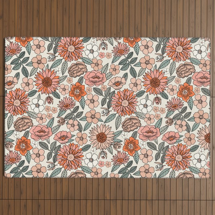70s flowers - 70s, retro, spring, floral, florals, floral pattern, retro flowers, boho, hippie, earthy, muted Outdoor Rug