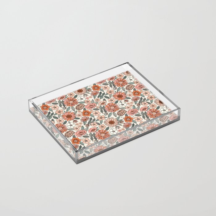 70s flowers - 70s, retro, spring, floral, florals, floral pattern, retro flowers, boho, hippie, earthy, muted Acrylic Tray