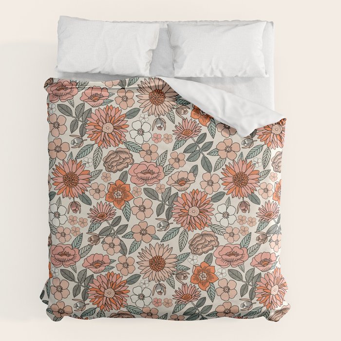 70s flowers - 70s, retro, spring, floral, florals, floral pattern, retro flowers, boho, hippie, earthy, muted Duvet Cover