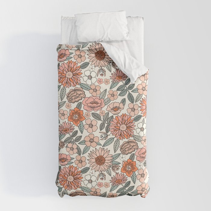 70s flowers - 70s, retro, spring, floral, florals, floral pattern, retro flowers, boho, hippie, earthy, muted Duvet Cover