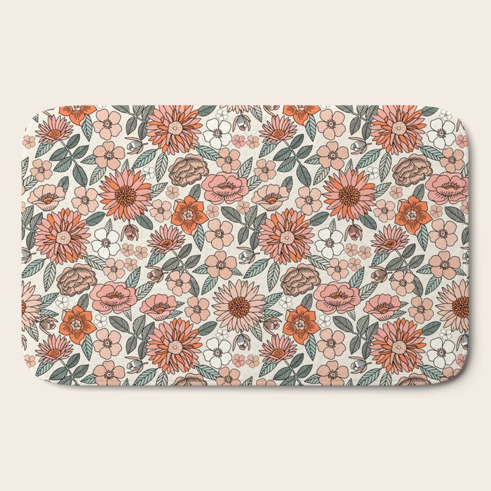 70s flowers - 70s, retro, spring, floral, florals, floral pattern, retro flowers, boho, hippie, earthy, muted Bath Mat