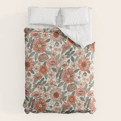 70s flowers - 70s, retro, spring, floral, florals, floral pattern, retro flowers, boho, hippie, earthy, muted Duvet Cover