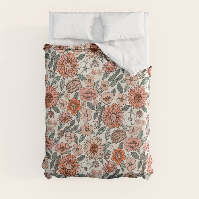70s flowers - 70s, retro, spring, floral, florals, floral pattern, retro flowers, boho, hippie, earthy, muted Duvet Cover
