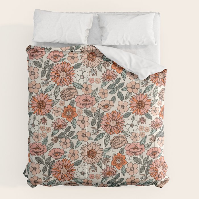 70s flowers - 70s, retro, spring, floral, florals, floral pattern, retro flowers, boho, hippie, earthy, muted Comforter