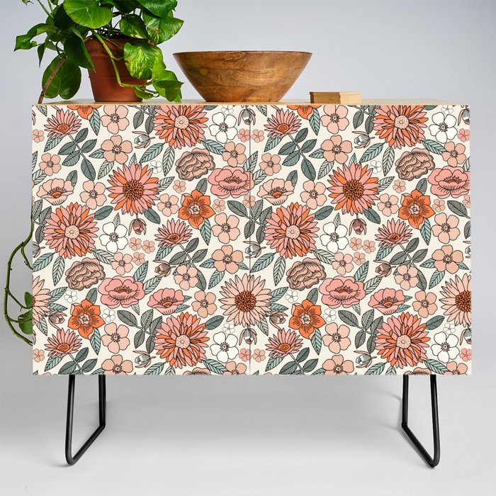 70s flowers - 70s, retro, spring, floral, florals, floral pattern, retro flowers, boho, hippie, earthy, muted Credenza