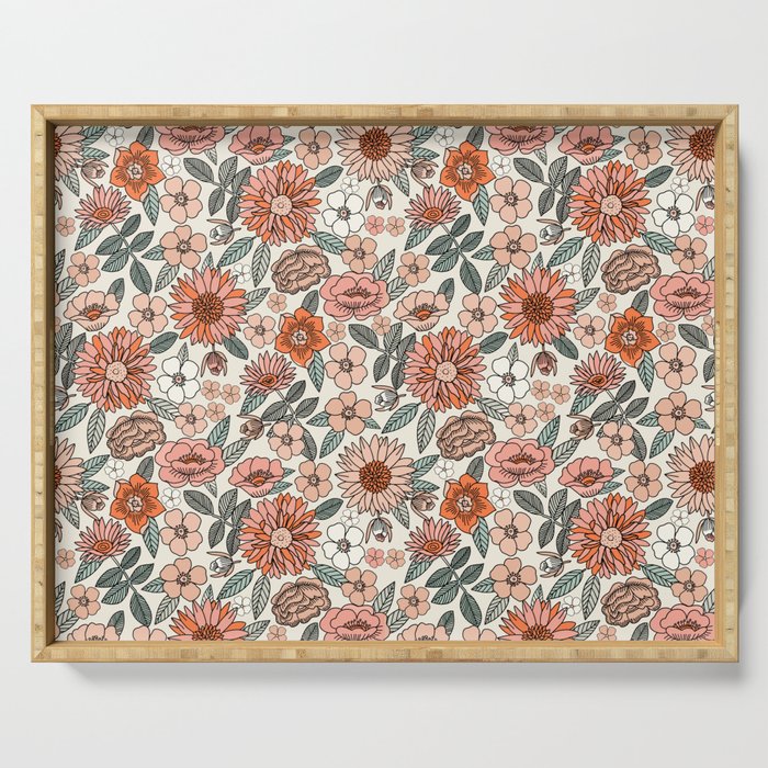 70s flowers - 70s, retro, spring, floral, florals, floral pattern, retro flowers, boho, hippie, earthy, muted Serving Tray