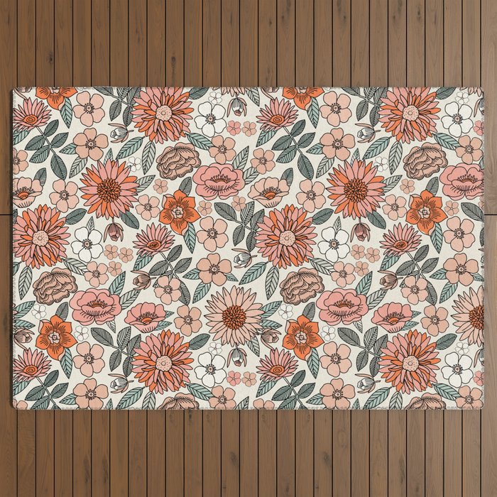 70s flowers - 70s, retro, spring, floral, florals, floral pattern, retro flowers, boho, hippie, earthy, muted Outdoor Rug