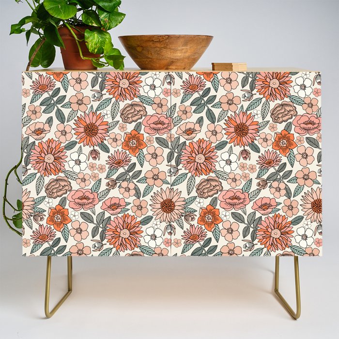 70s flowers - 70s, retro, spring, floral, florals, floral pattern, retro flowers, boho, hippie, earthy, muted Credenza