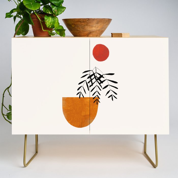 Autumn Vine' Minimal Mid Century Abstract Shapes With Floral Plant Motif Boho Vintage Paper Collage Line Drawing Credenza