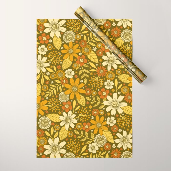 1970s Retro Flowers Pattern in Yellow, Orange & Olive Green Wrapping Paper