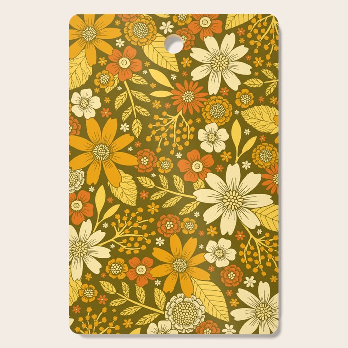 1970s Retro Flowers Pattern in Yellow, Orange & Olive Green Cutting Board