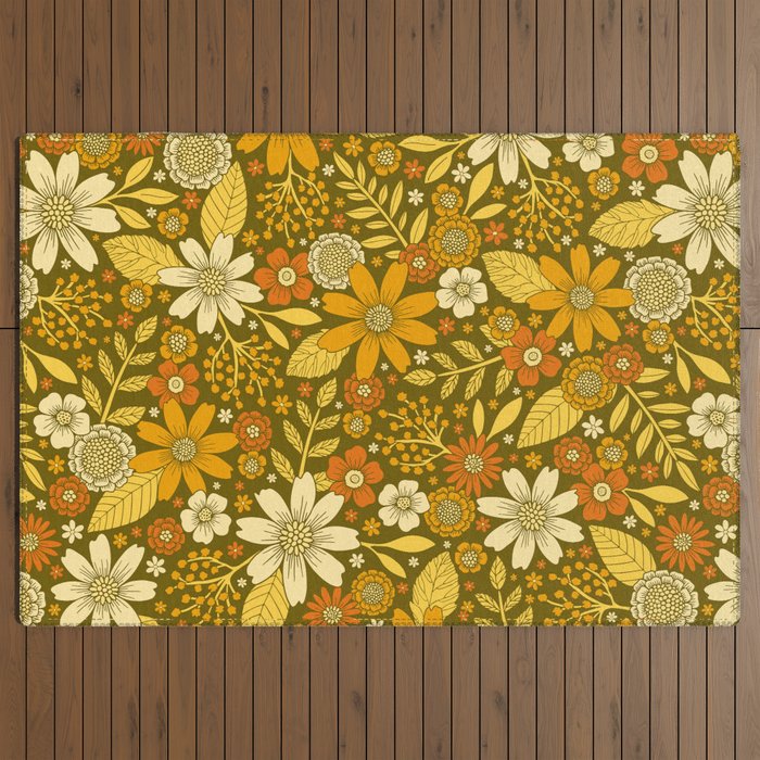 1970s Retro Flowers Pattern in Yellow, Orange & Olive Green Outdoor Rug